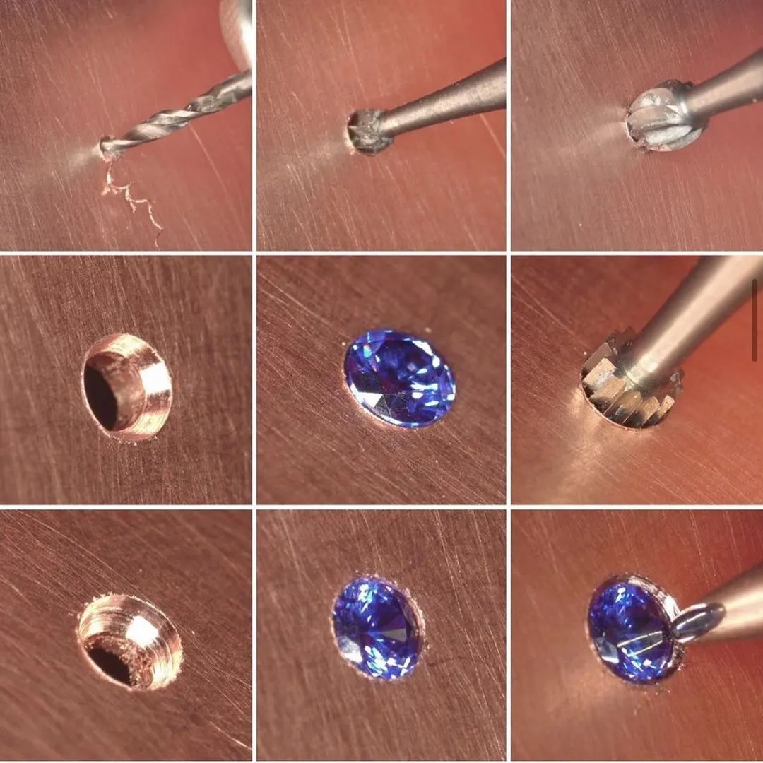 Step by step: drilling, opening the seat, placing the stone and closing the metal.