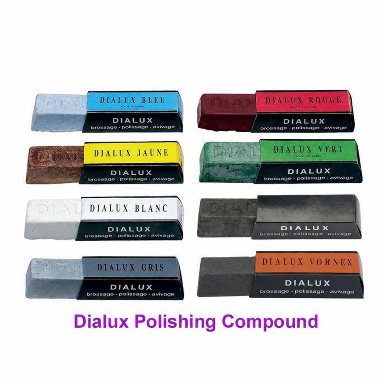 Polishing compounds in different grades, each intended for a different stage of the work.