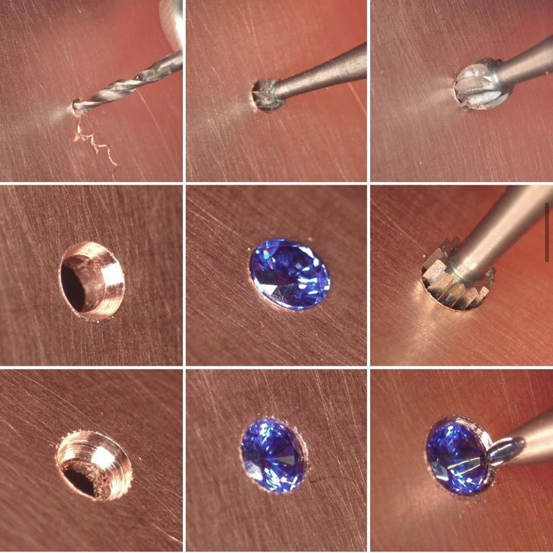 Step by step: drilling, opening the seat, placing the stone and closing the metal.