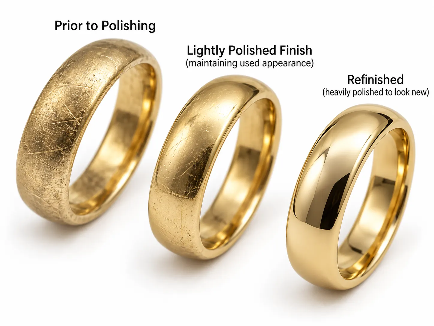The same band before polishing, after a light polish, and fully refinished.