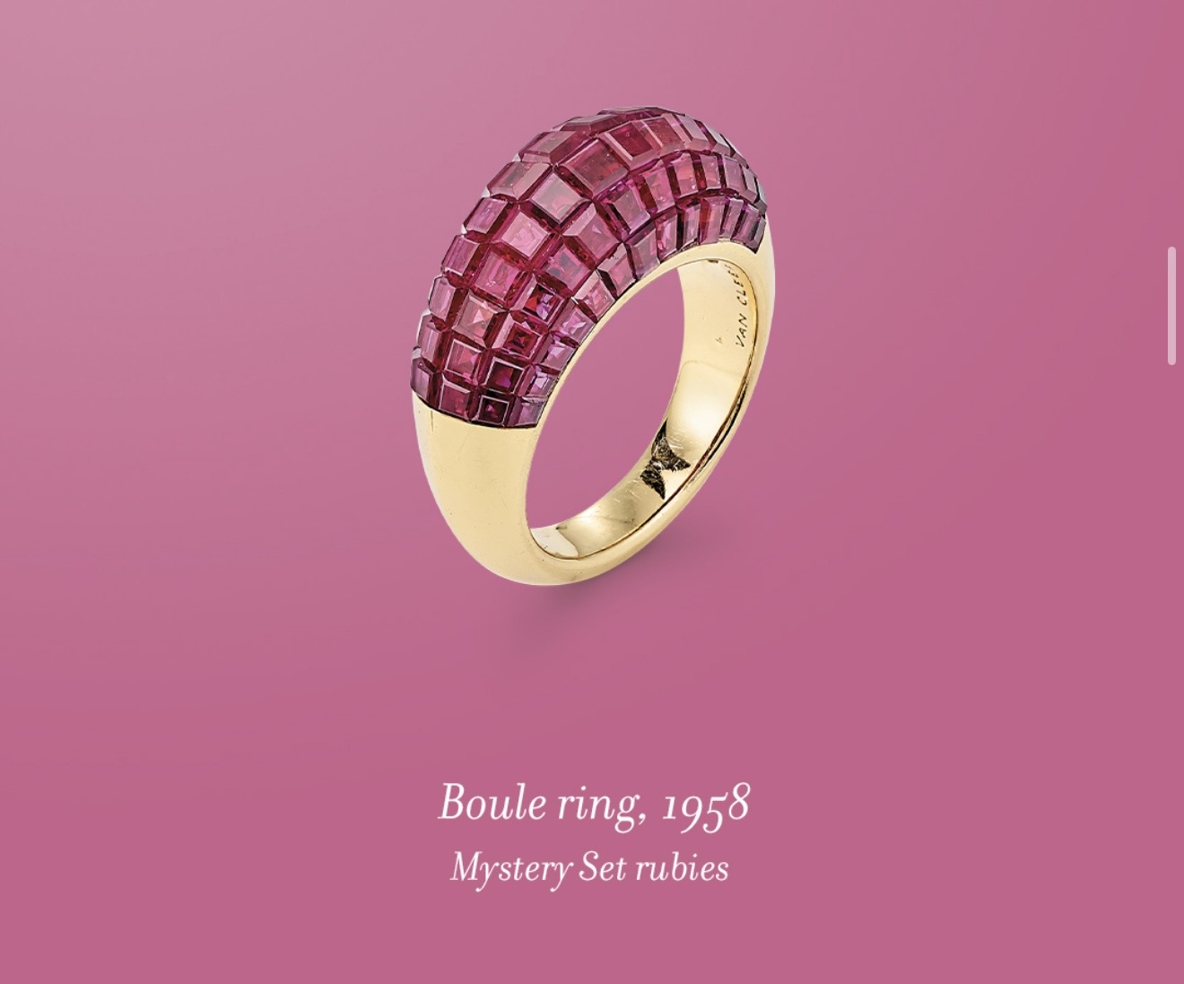 Boule ring, 1958, set with Mystery Set rubies.