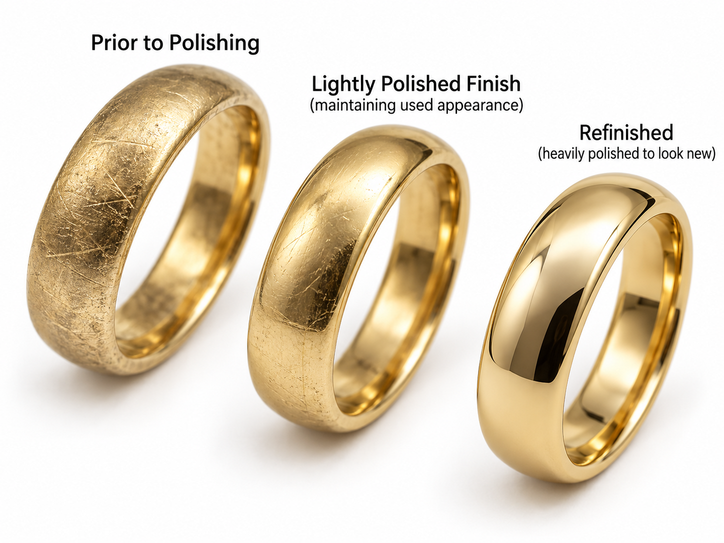 The same band before polishing, after a light polish, and fully refinished.